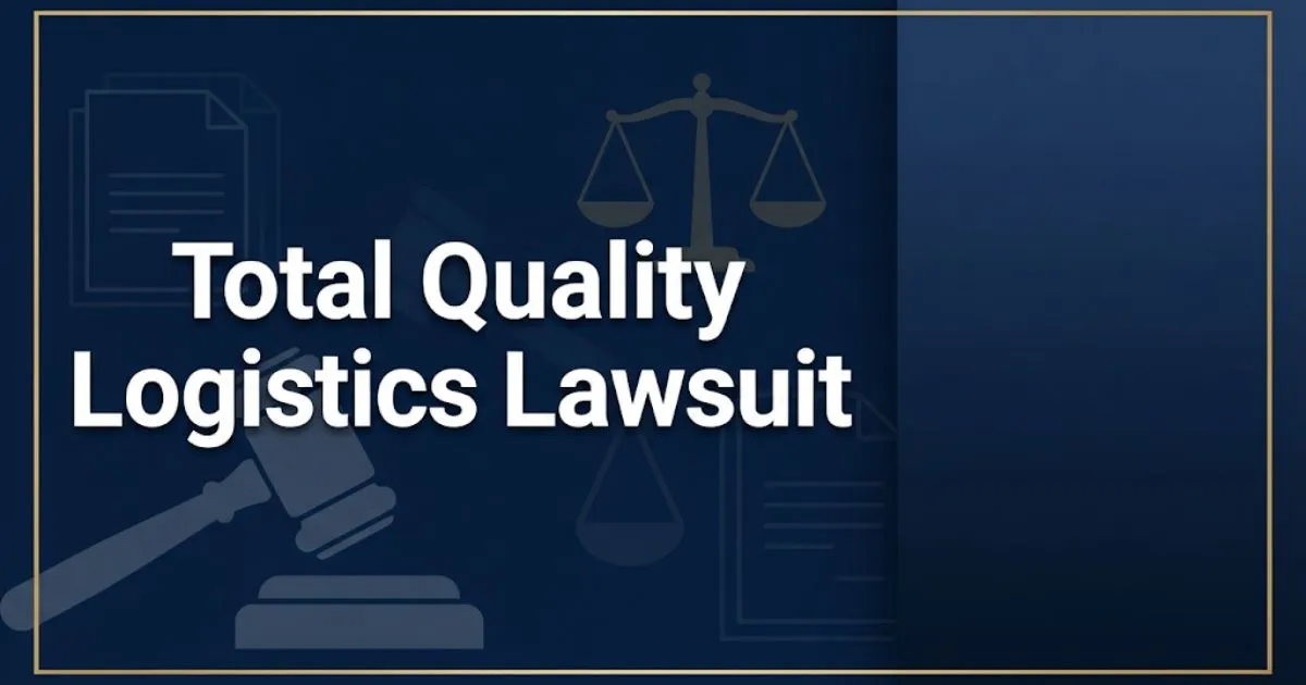 Total Quality Logistics Lawsuit hero banner with navy blue background, gold accents, and legal icons