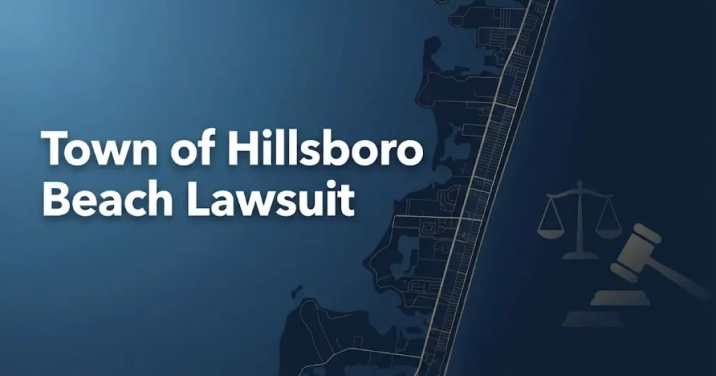 Town of Hillsboro Beach lawsuit hero banner with coastal silhouette and legal symbols in navy and gold