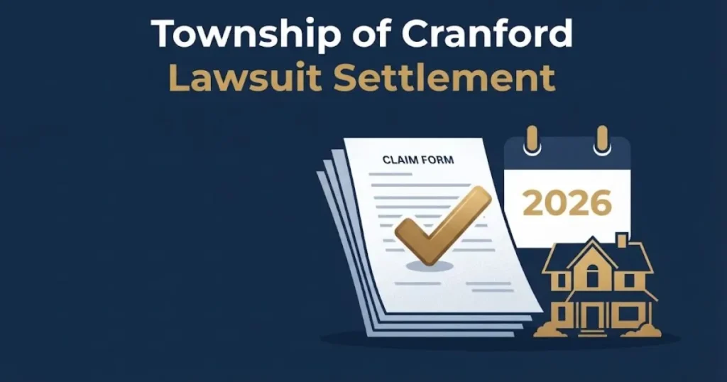 Township of Cranford lawsuit settlement graphic with claim forms calendar and home icon in navy white and gold