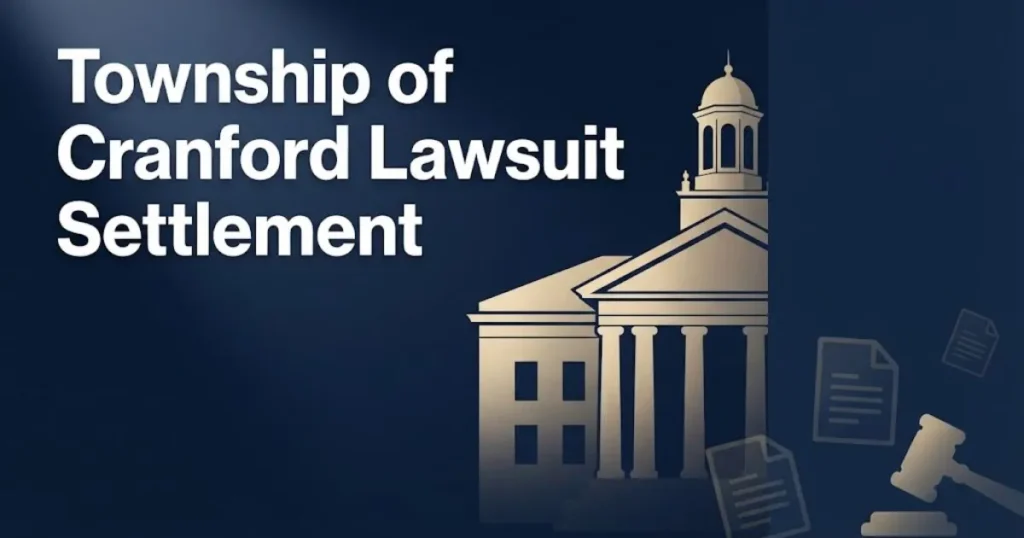 Township of Cranford lawsuit settlement hero banner with municipal building silhouette and legal document icons in navy and gold