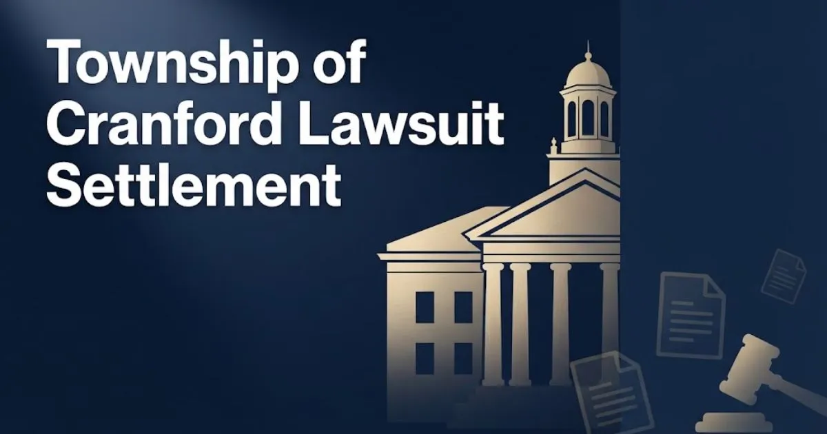 Township of Cranford lawsuit settlement hero banner with municipal building silhouette and legal document icons in navy and gold