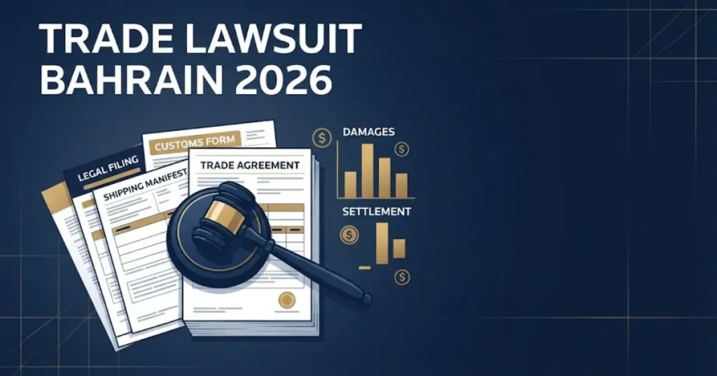 Trade lawsuit bahrain 2026 supporting graphic with gavel, trade documents, and settlement data icons