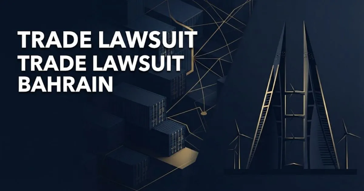Trade lawsuit bahrain hero banner with navy blue shipping containers and gold trade route graphics