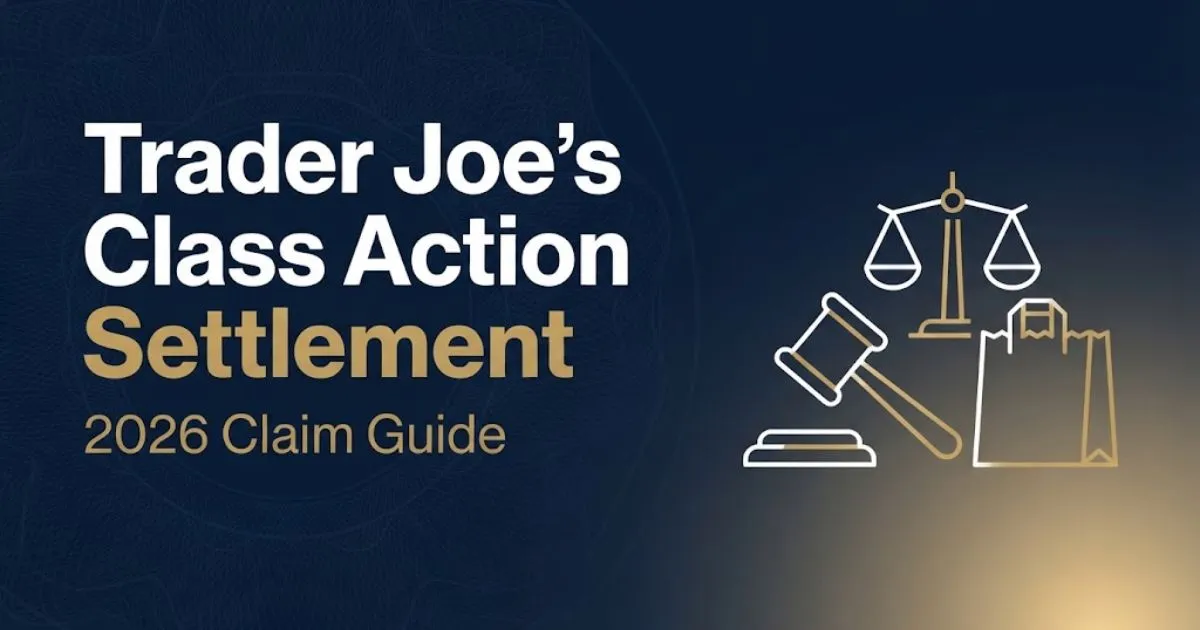 Trader Joe's class action settlement 2026 hero banner with legal icons and gold typography on navy background