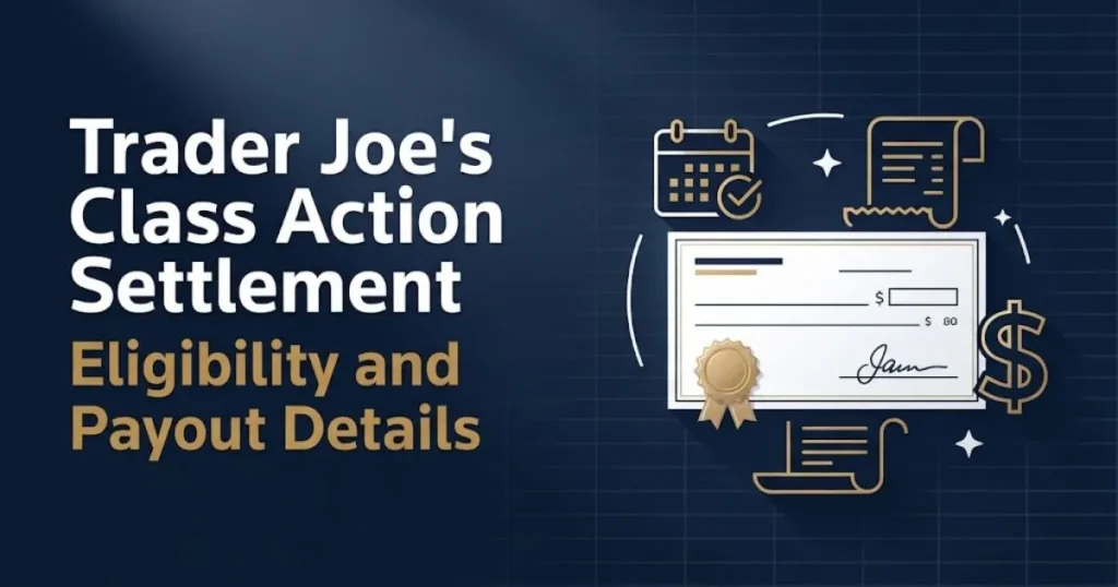 Trader Joe's class action settlement eligibility and payout details graphic with check and calendar icons