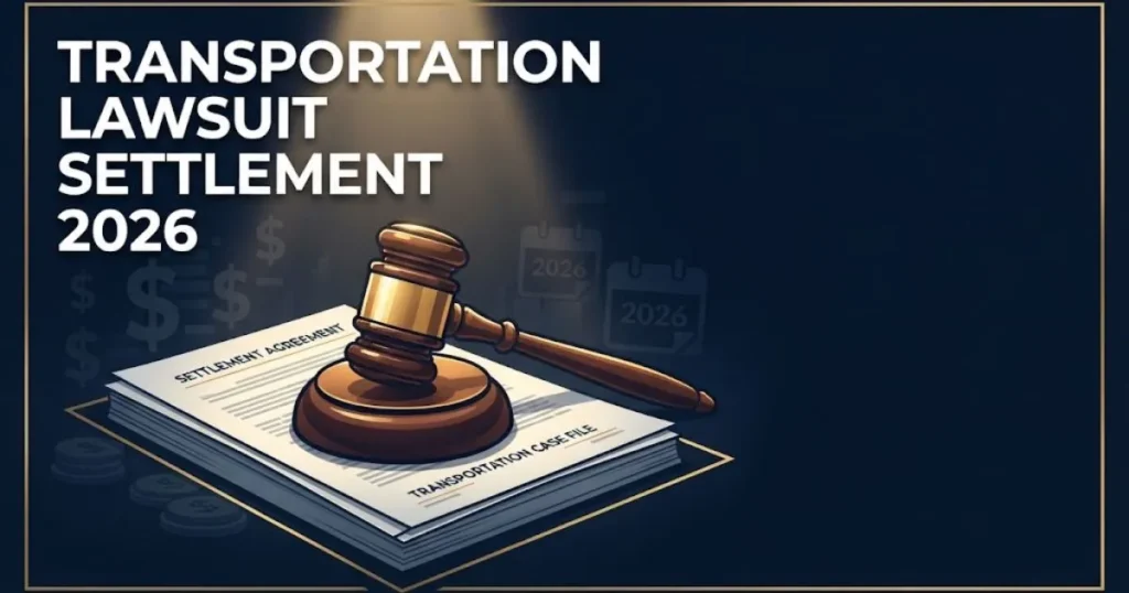 Transportation lawsuit settlement 2026 graphic with gavel and documents on navy background