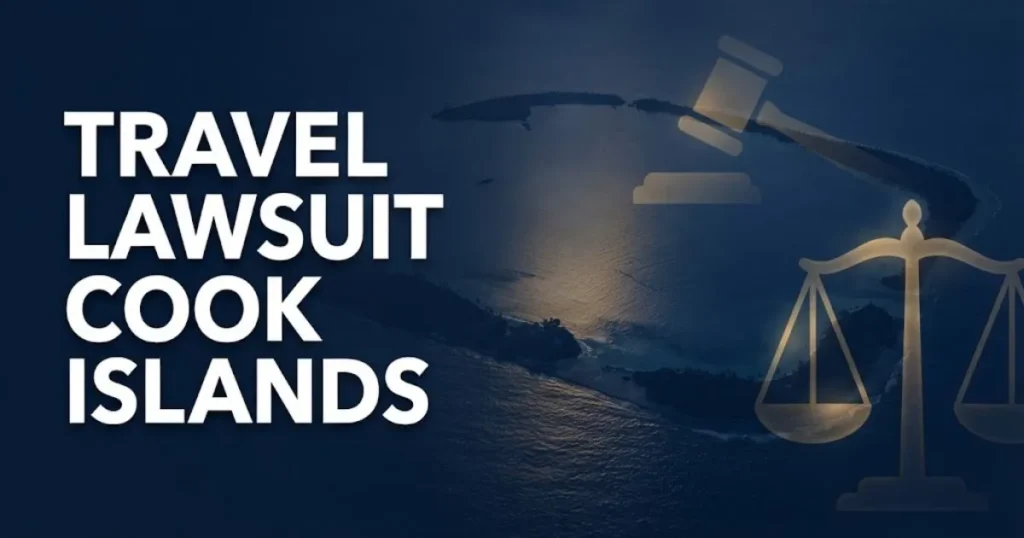 Travel lawsuit cook islands hero banner with tropical atoll silhouette and legal symbols in navy and gold