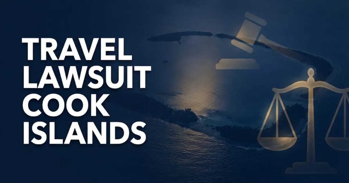 Travel lawsuit cook islands hero banner with tropical atoll silhouette and legal symbols in navy and gold