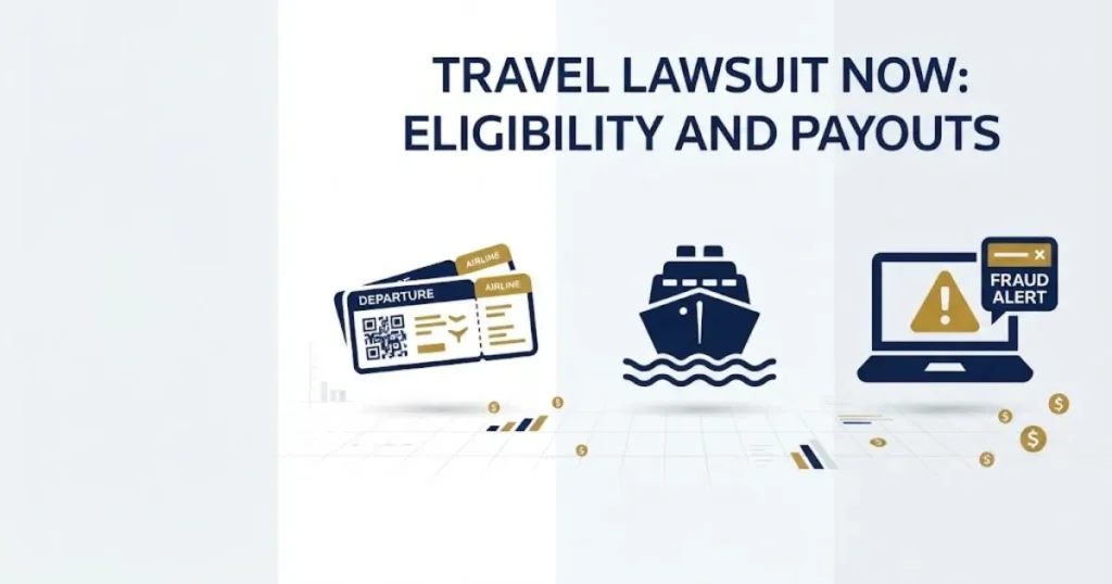 Travel lawsuit now eligibility and payouts infographic with airline, cruise, and booking fraud icons in navy and gold