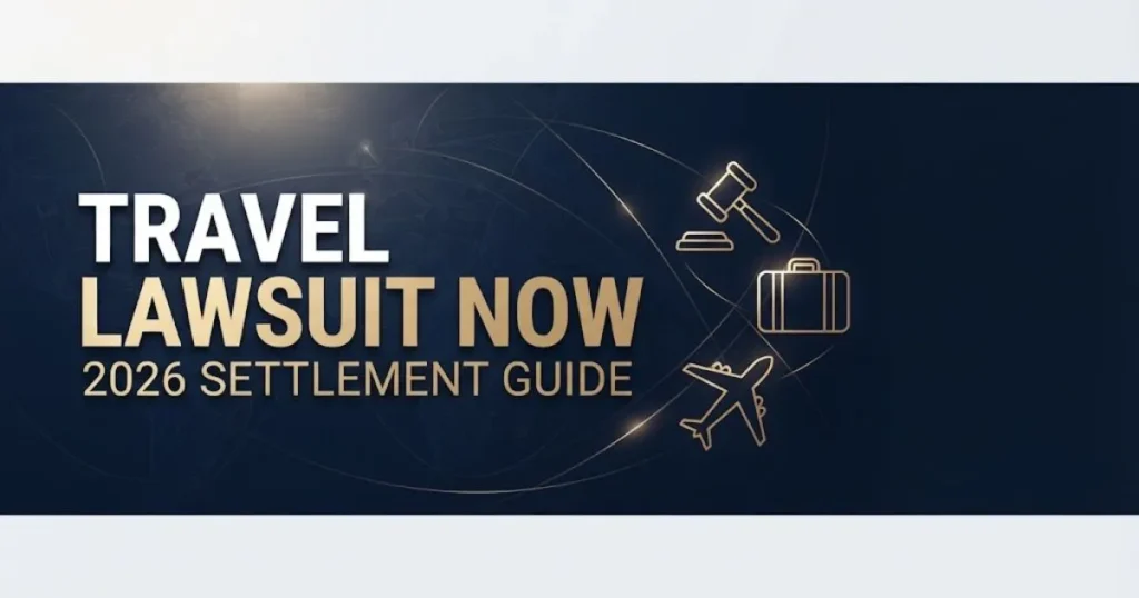 Travel lawsuit now hero banner with navy background, gold legal icons, airplane and gavel silhouettes, 2026 settlement guide text
