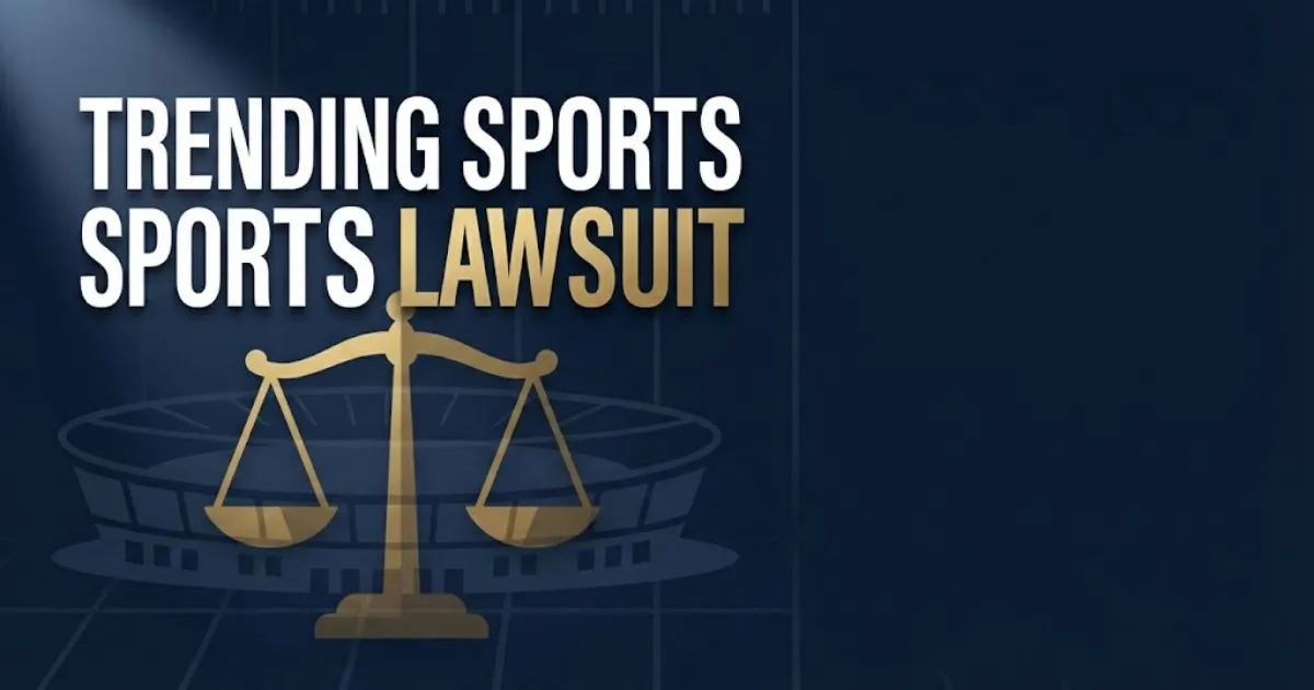 Trending sports lawsuit banner with gold scales of justice over a navy stadium silhouette