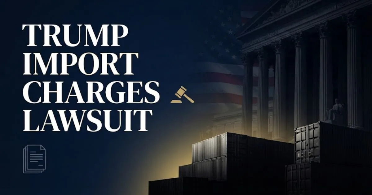 Trump import charges lawsuit hero banner with Supreme Court columns and cargo containers in navy and gold design.