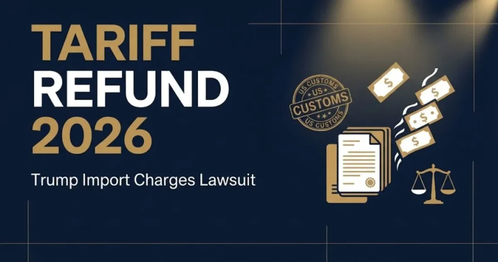 Trump import charges lawsuit refund 2026 graphic showing customs documents and dollar icons in navy gold design.