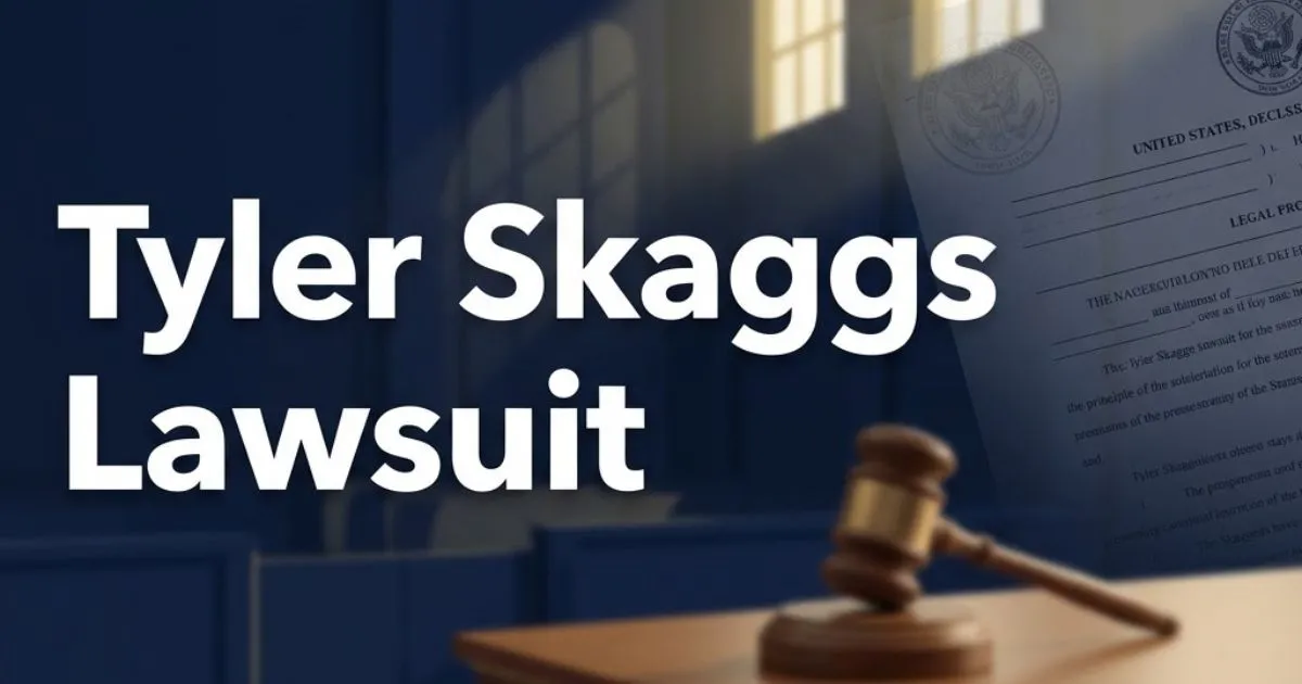 Tyler Skaggs Lawsuit hero banner with courtroom theme in navy and gold tones