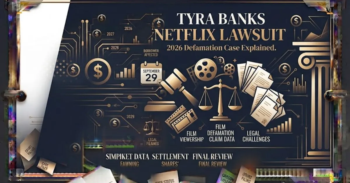 Tyra Banks Netflix lawsuit hero banner with gold legal icons and courthouse silhouette on navy background.