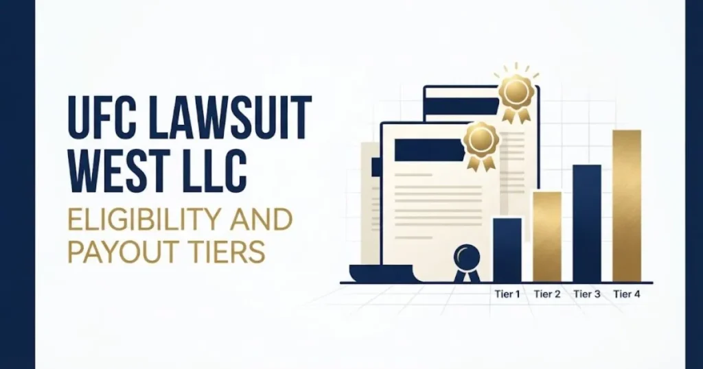 UFC Lawsuit West LLC eligibility and payout tiers infographic with legal document graphics