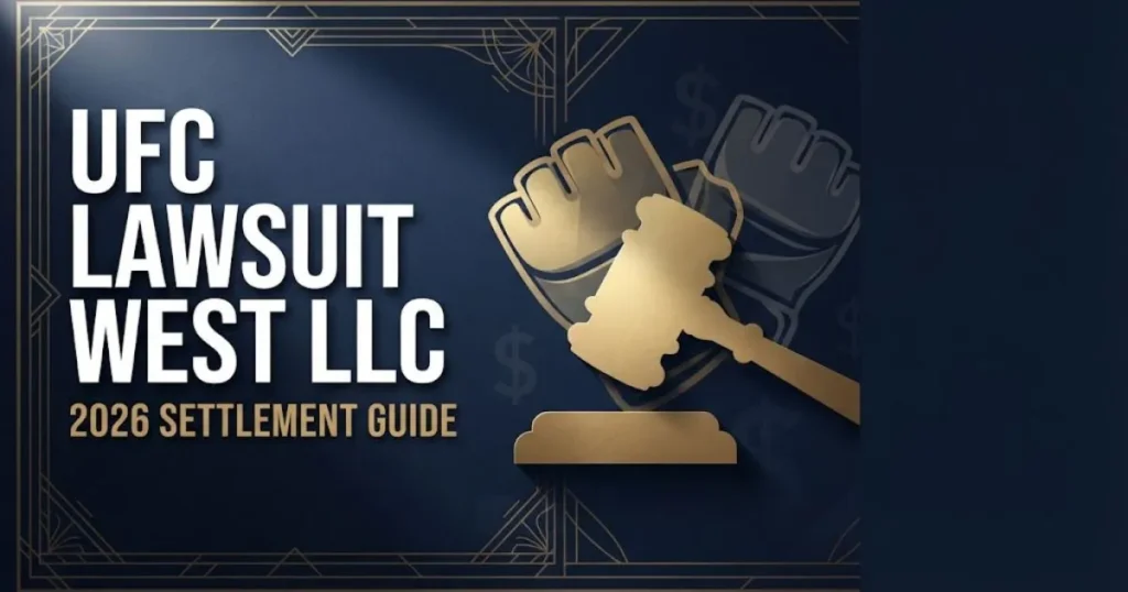 UFC Lawsuit West LLC hero banner with gavel and MMA glove graphics on navy background