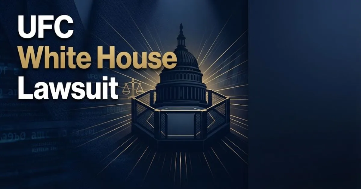 UFC White House Lawsuit hero banner with Capitol dome silhouette and octagon geometry in navy and gold editorial style