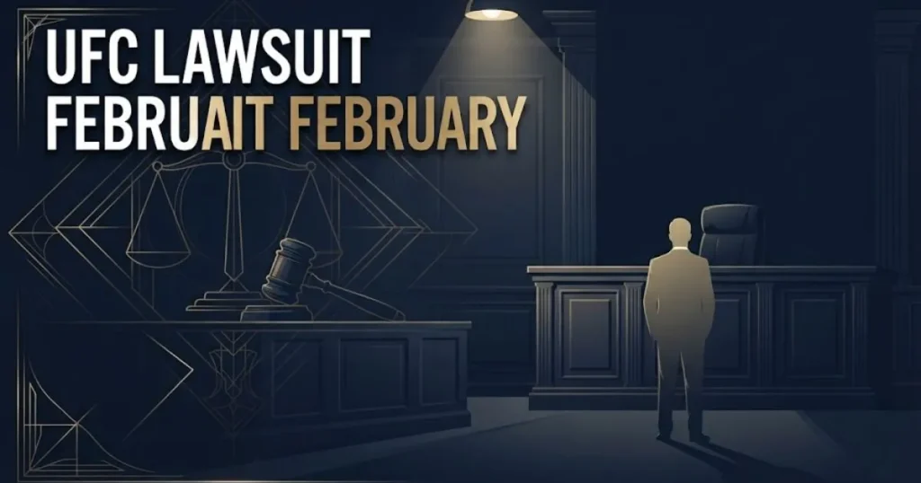 UFC lawsuit February 2026 hero banner with courtroom silhouette and gold legal scales on navy background