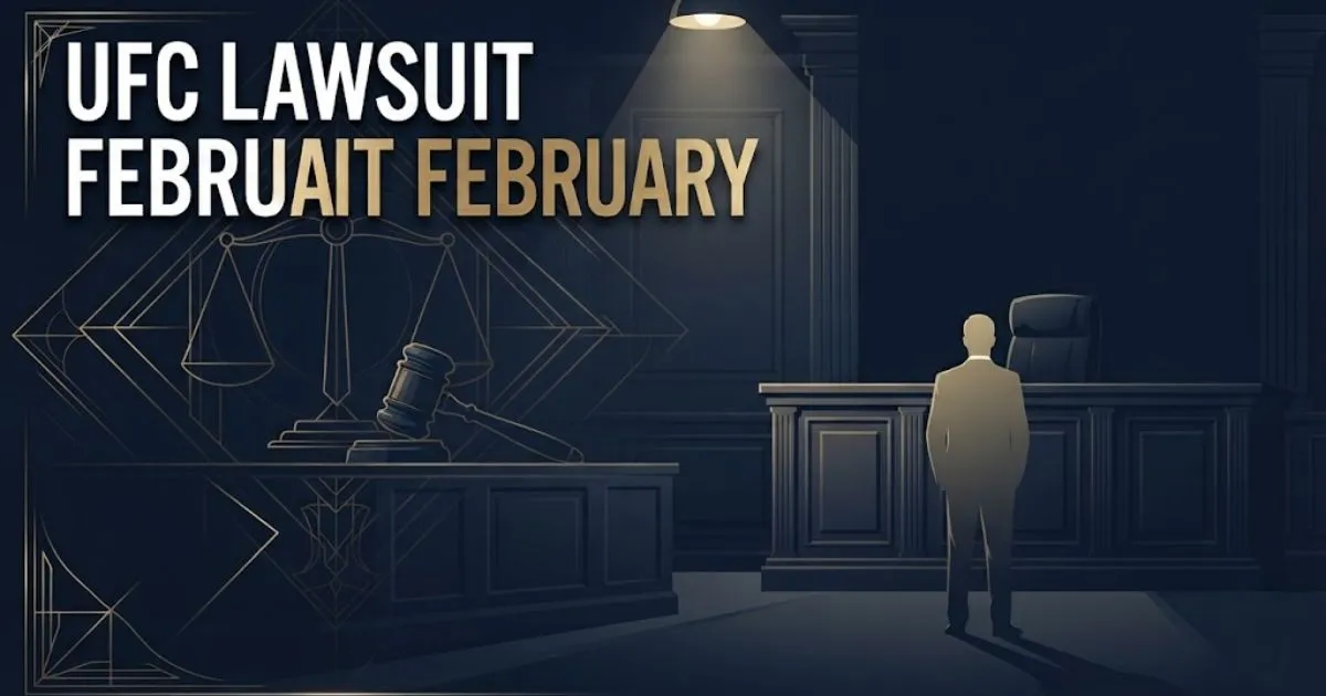 UFC lawsuit February 2026 hero banner with courtroom silhouette and gold legal scales on navy background