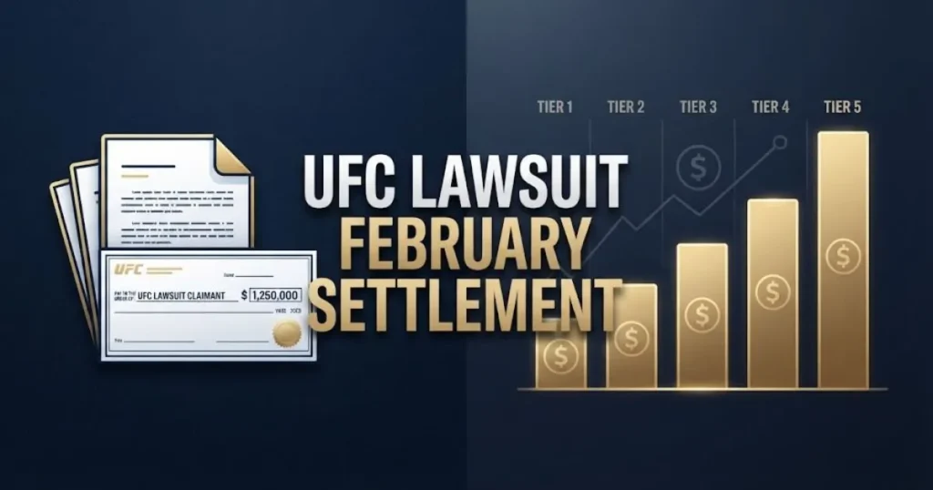 UFC lawsuit February settlement graphic showing payout tier chart and legal documents on navy background