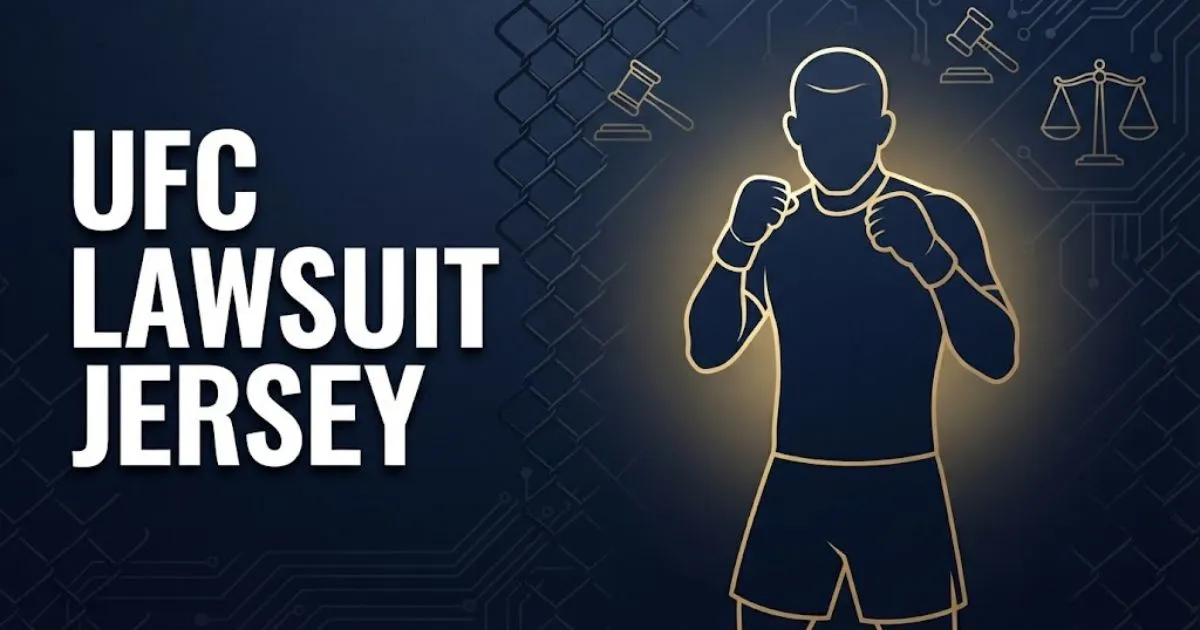 UFC lawsuit jersey hero banner with fighter silhouette and legal symbols on navy background