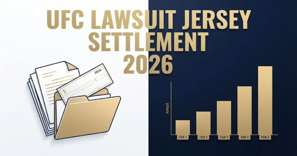 UFC lawsuit jersey settlement 2026 graphic with legal documents and payout chart illustration