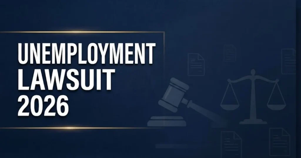 Unemployment lawsuit 2026 hero banner with gavel and scales of justice on navy background