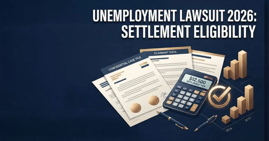 Unemployment lawsuit 2026 settlement eligibility graphic with legal documents and check icon