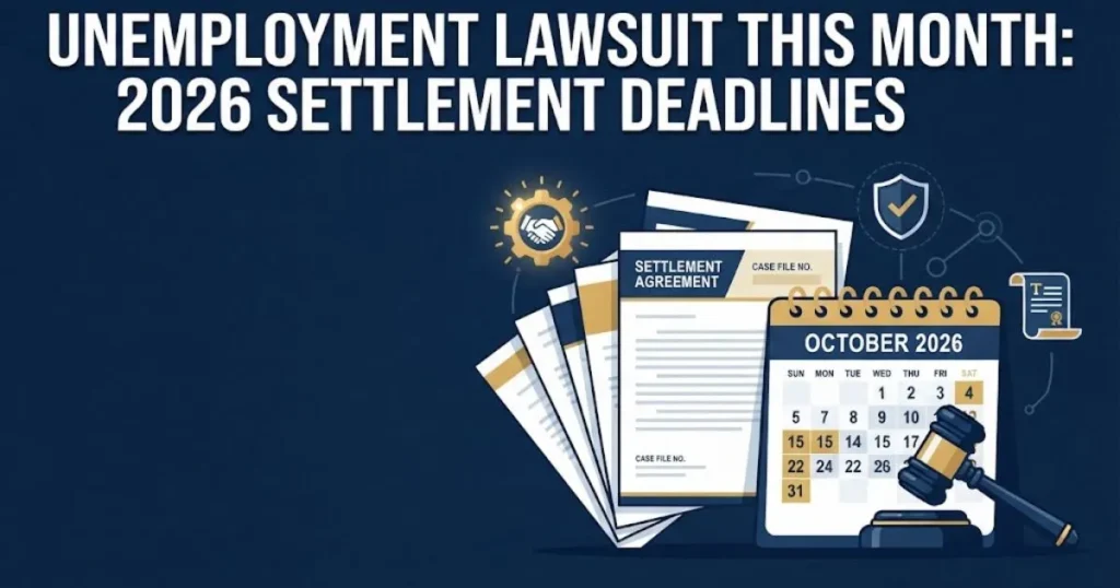 Unemployment lawsuit this month 2026 settlement deadlines graphic with calendar and legal document icons