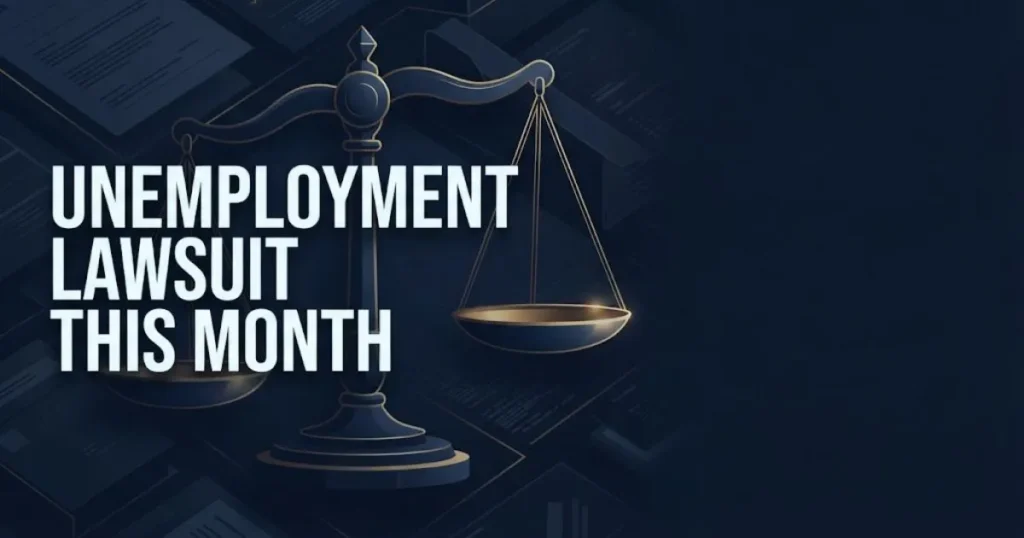 Unemployment lawsuit this month hero banner with legal scales and 2026 filing information in navy and gold