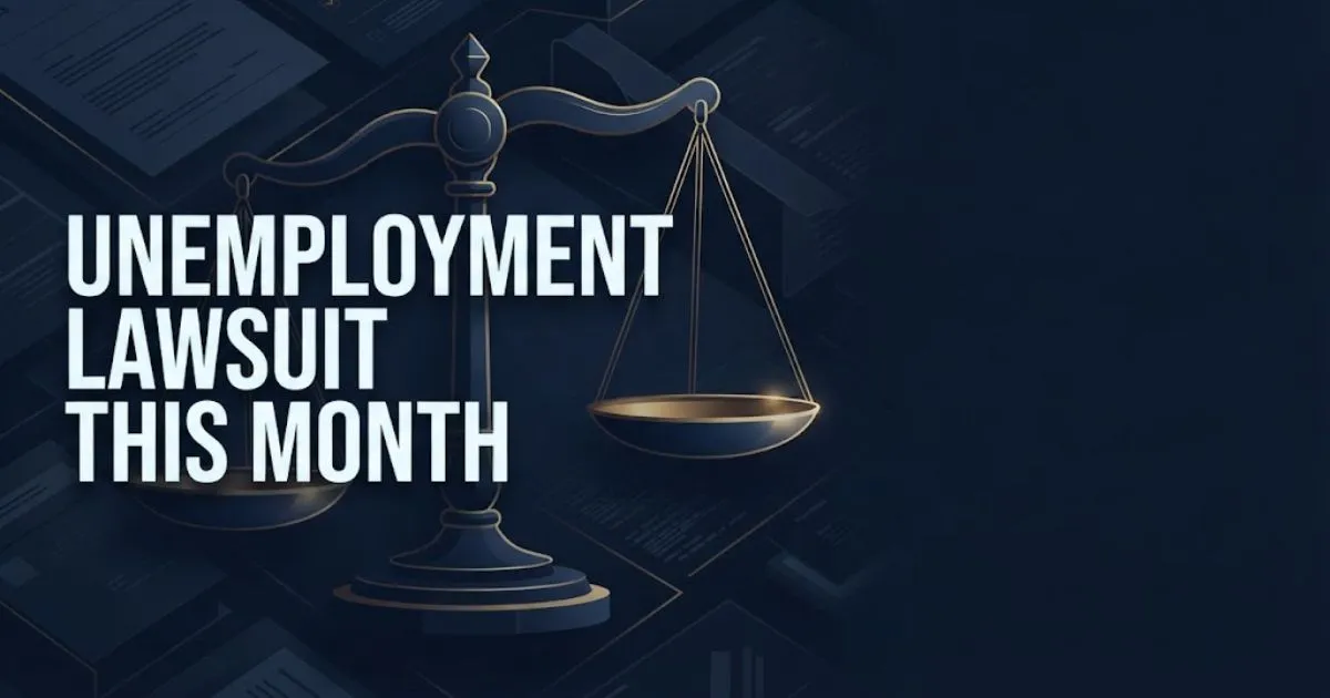Unemployment lawsuit this month hero banner with legal scales and 2026 filing information in navy and gold