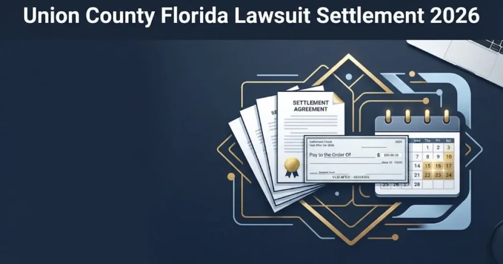 Union County Florida lawsuit settlement 2026 graphic with settlement documents and deadline calendar in navy and gold