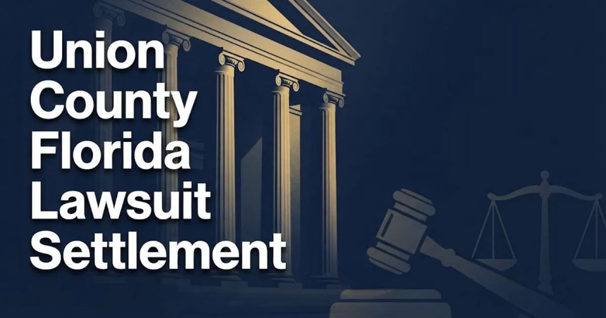 Union County Florida lawsuit settlement hero banner with courthouse imagery and legal symbols in navy and gold