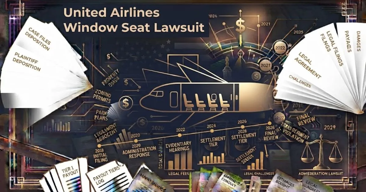 United Airlines window seat lawsuit hero banner with airplane fuselage silhouette and legal scales in navy and gold