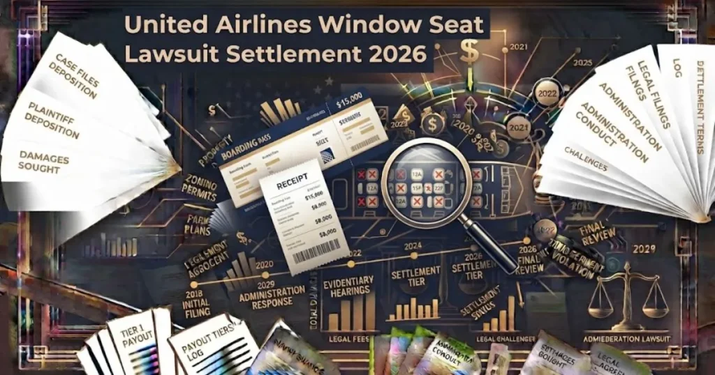 United Airlines window seat lawsuit settlement graphic showing boarding pass, receipt, and seat map diagram