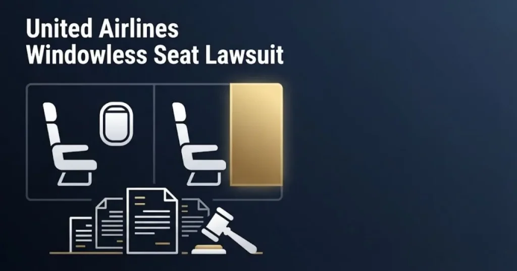 United Airlines windowless seat lawsuit comparison graphic showing window seat versus blank wall