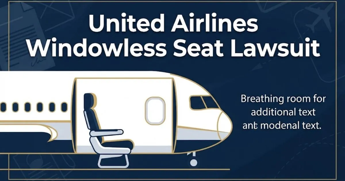 United Airlines windowless seat lawsuit hero banner showing airplane fuselage with blank wall seat