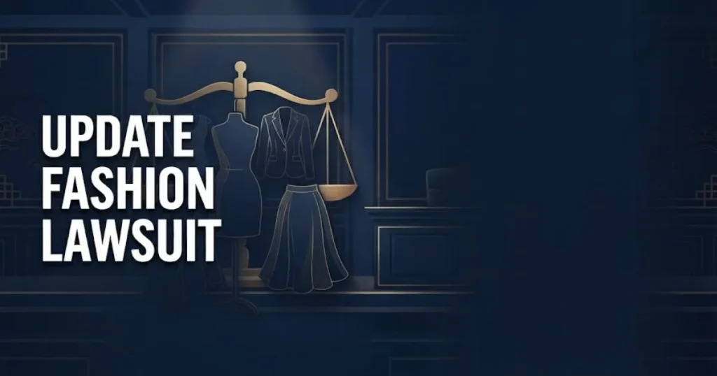 Update fashion lawsuit hero banner with golden scales of justice and garment silhouettes on navy background