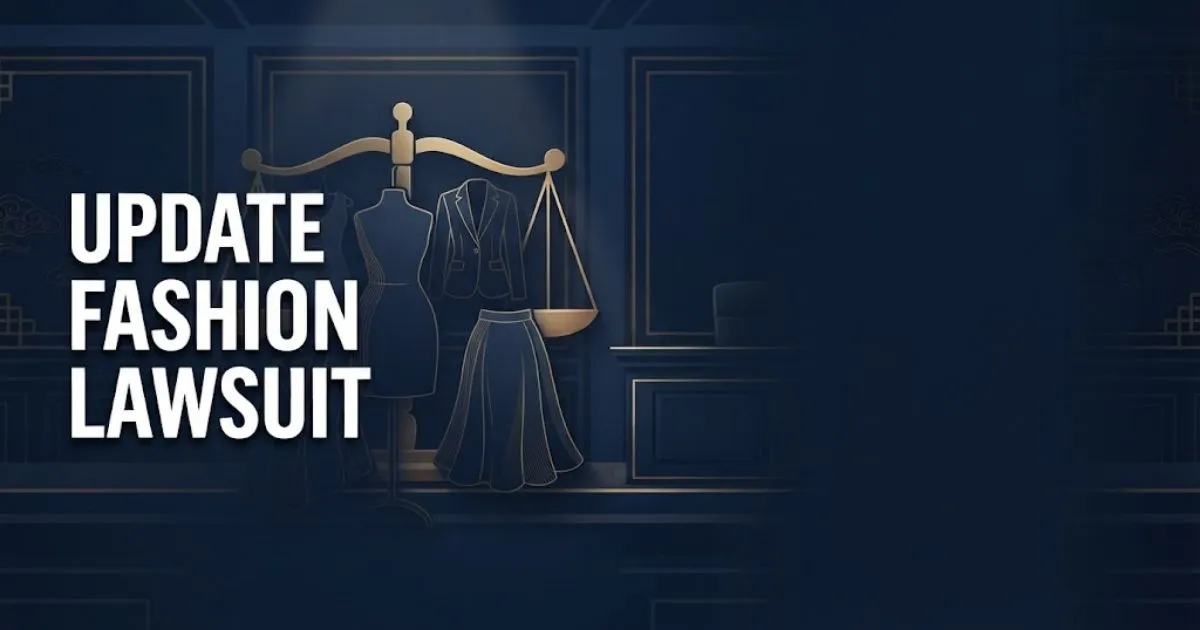 Update fashion lawsuit hero banner with golden scales of justice and garment silhouettes on navy background