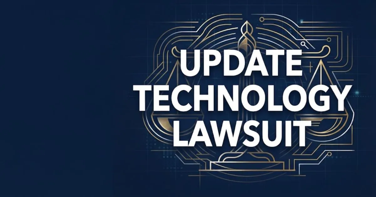 Update technology lawsuit hero banner with navy blue background, gold legal scales, and digital circuit patterns