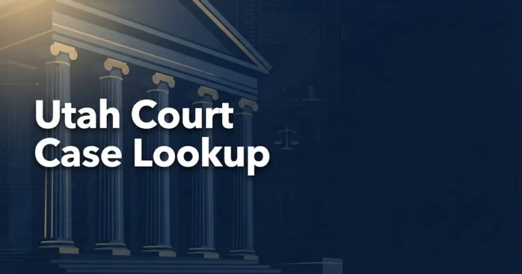 Utah court case lookup hero banner with courthouse columns in navy and gold tones