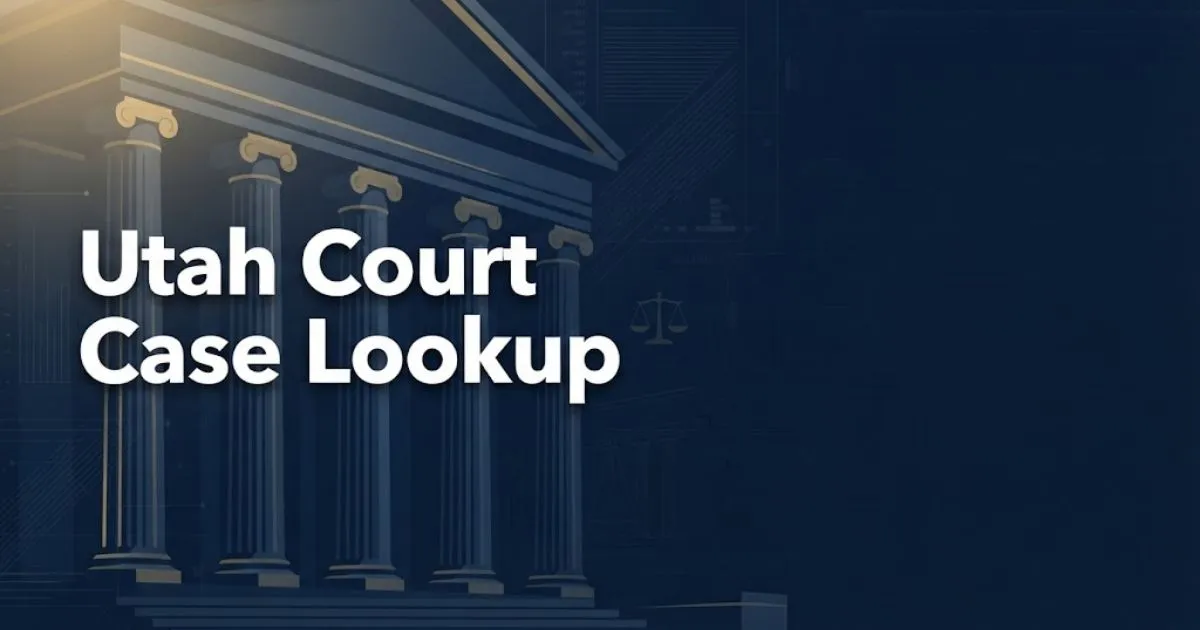 Utah court case lookup hero banner with courthouse columns in navy and gold tones