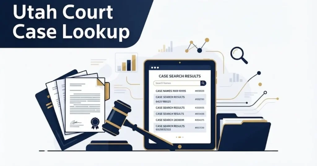 Utah court case lookup supporting graphic with legal documents and digital search elements