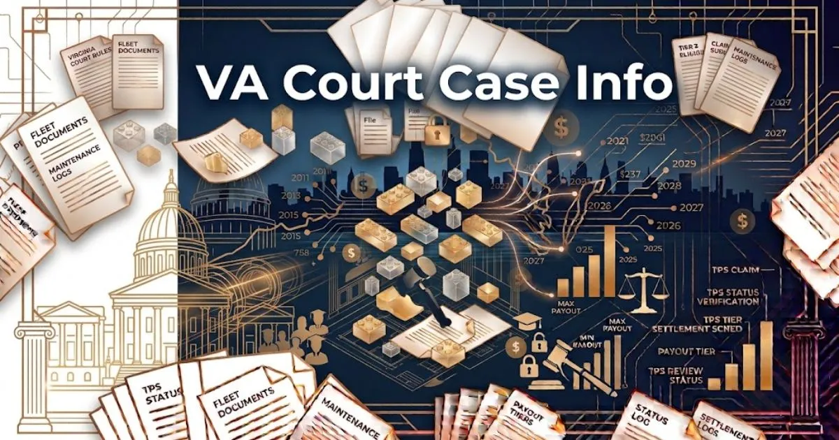 VA court case info hero banner with Virginia capitol silhouette and legal icons on navy background