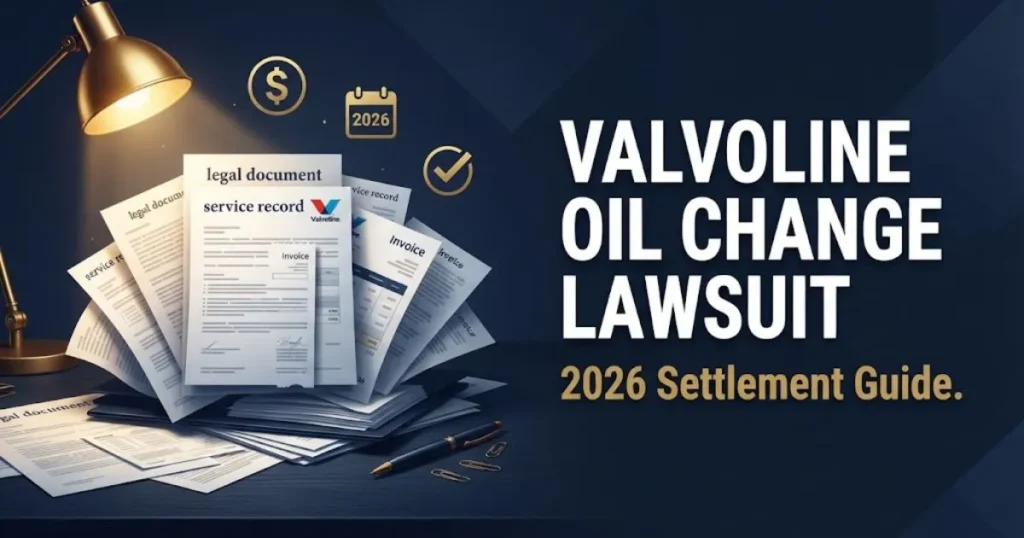 Valvoline oil change lawsuit 2026 settlement guide graphic with legal documents and gold icons on navy background
