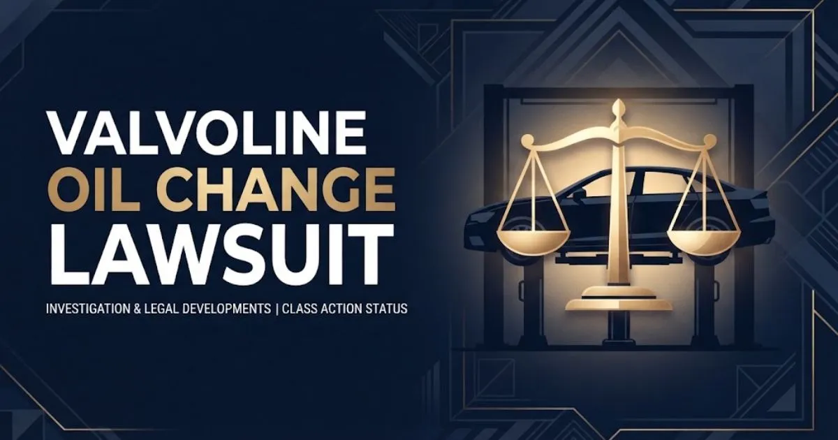 Valvoline oil change lawsuit hero banner with car silhouette and golden scales of justice on navy background