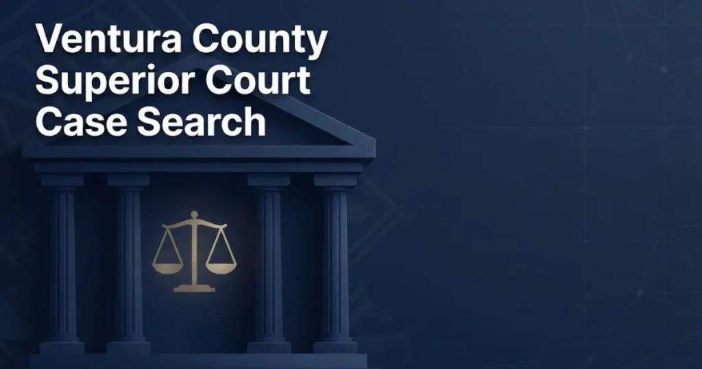 Ventura County Superior Court Case Search hero banner with navy courthouse graphic and gold justice scales