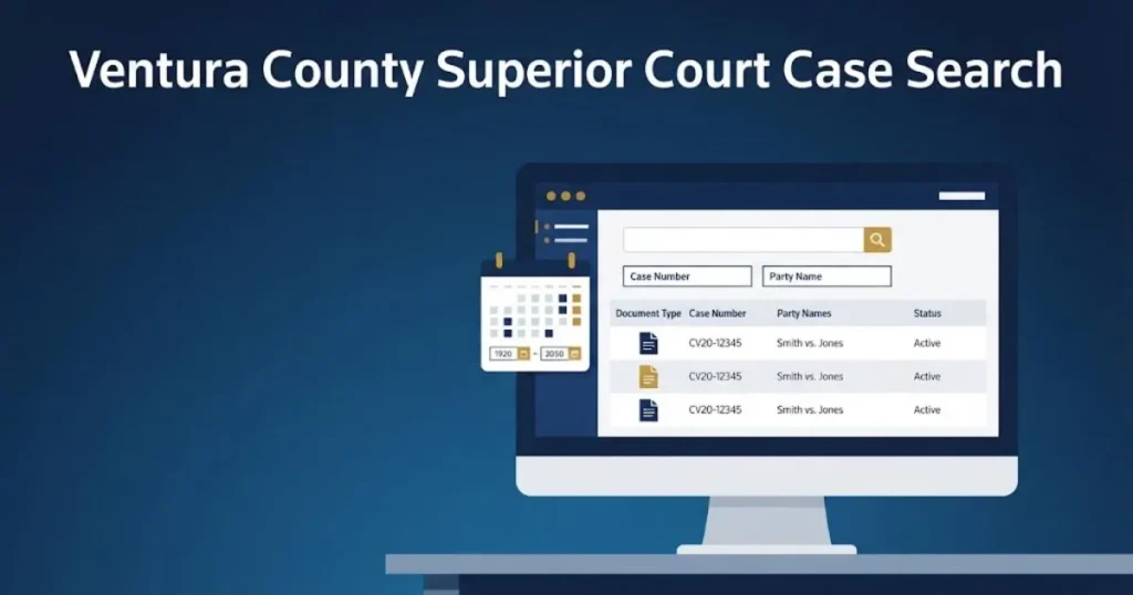 Ventura County Superior Court Case Search illustration showing digital court records and search interface