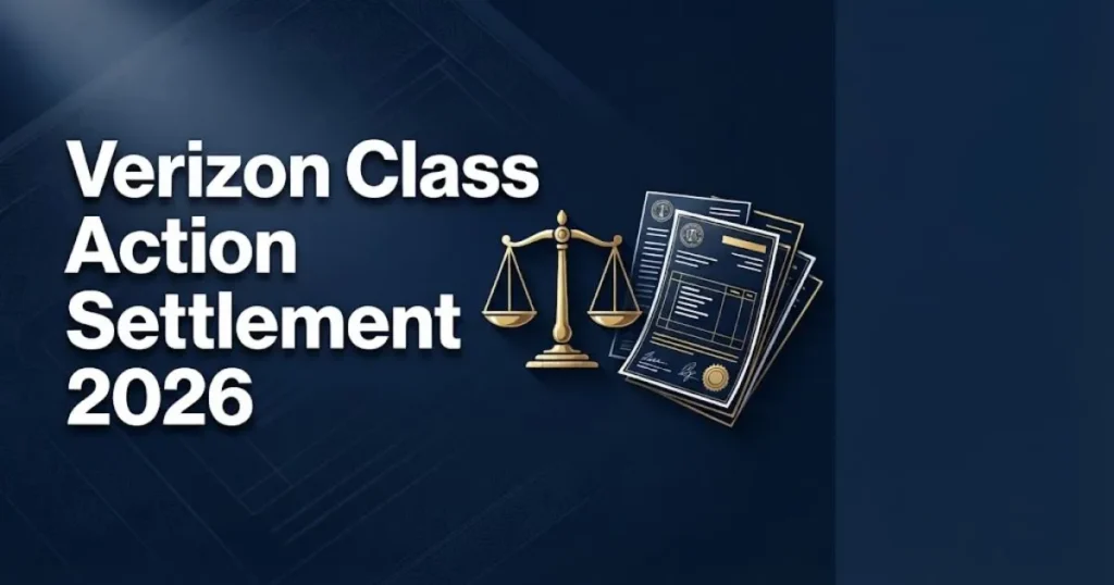 Verizon class action settlement 2026 hero banner with gold scales of justice and billing documents on navy background